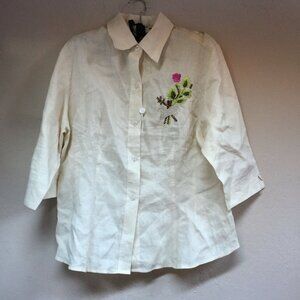 Le Gary Italy Womens Embroidered Shirt Button Up 3/4 Sleeve XXL Cream Linen New